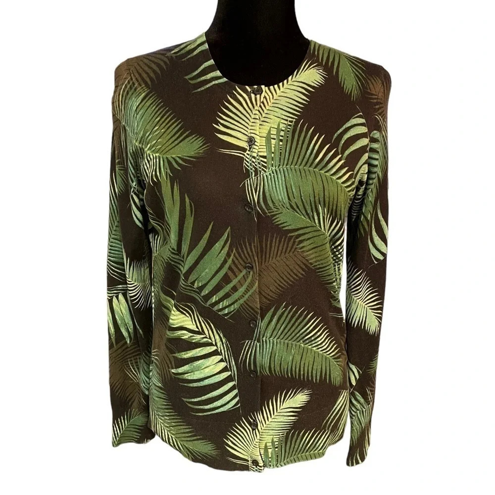 Saks Fifth Avenue Silk Cashmere Blend Tropical Leaf Cardigan Sweater Medium